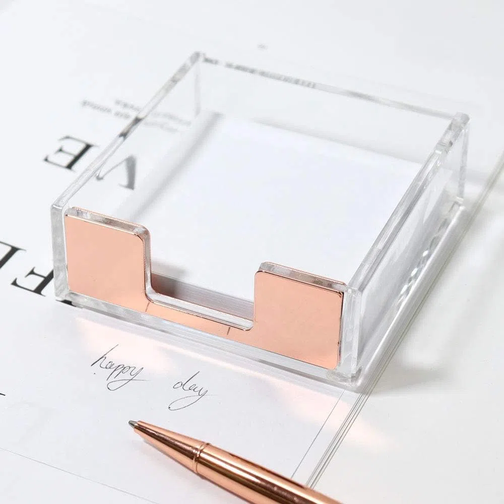 Soporte para notas adhesivas, acrílico transparente, dispensador de bloc de notas, organizador de escritorio para oficina en casa, 10 x 9,5 x 3 cm [dorado]