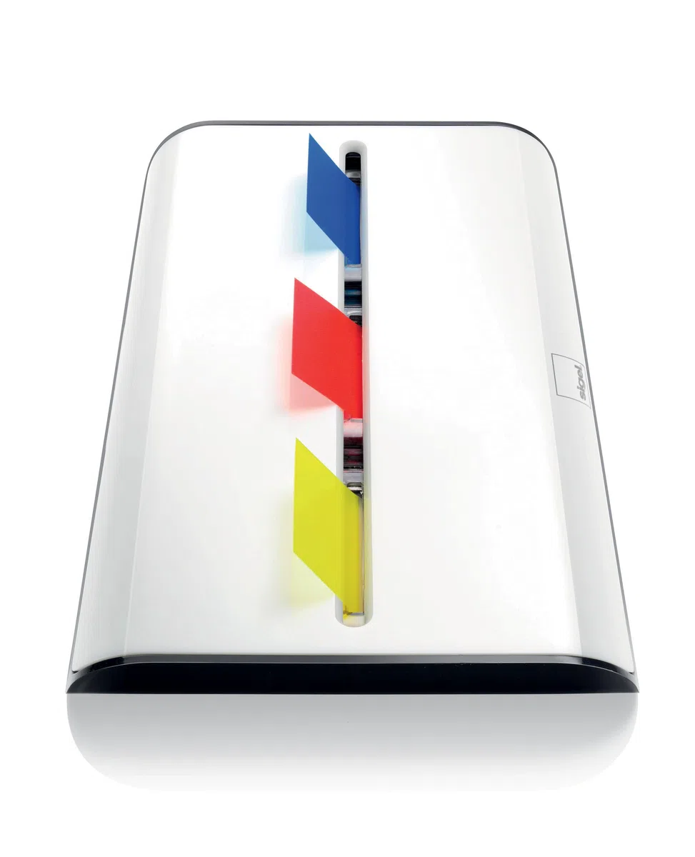 SIGEL SA109 Dispensador de banderitas adhesivas Eyestyle white, blanco/negro,con banderitas adhesivas (3x50), 135x12,5x82 mm