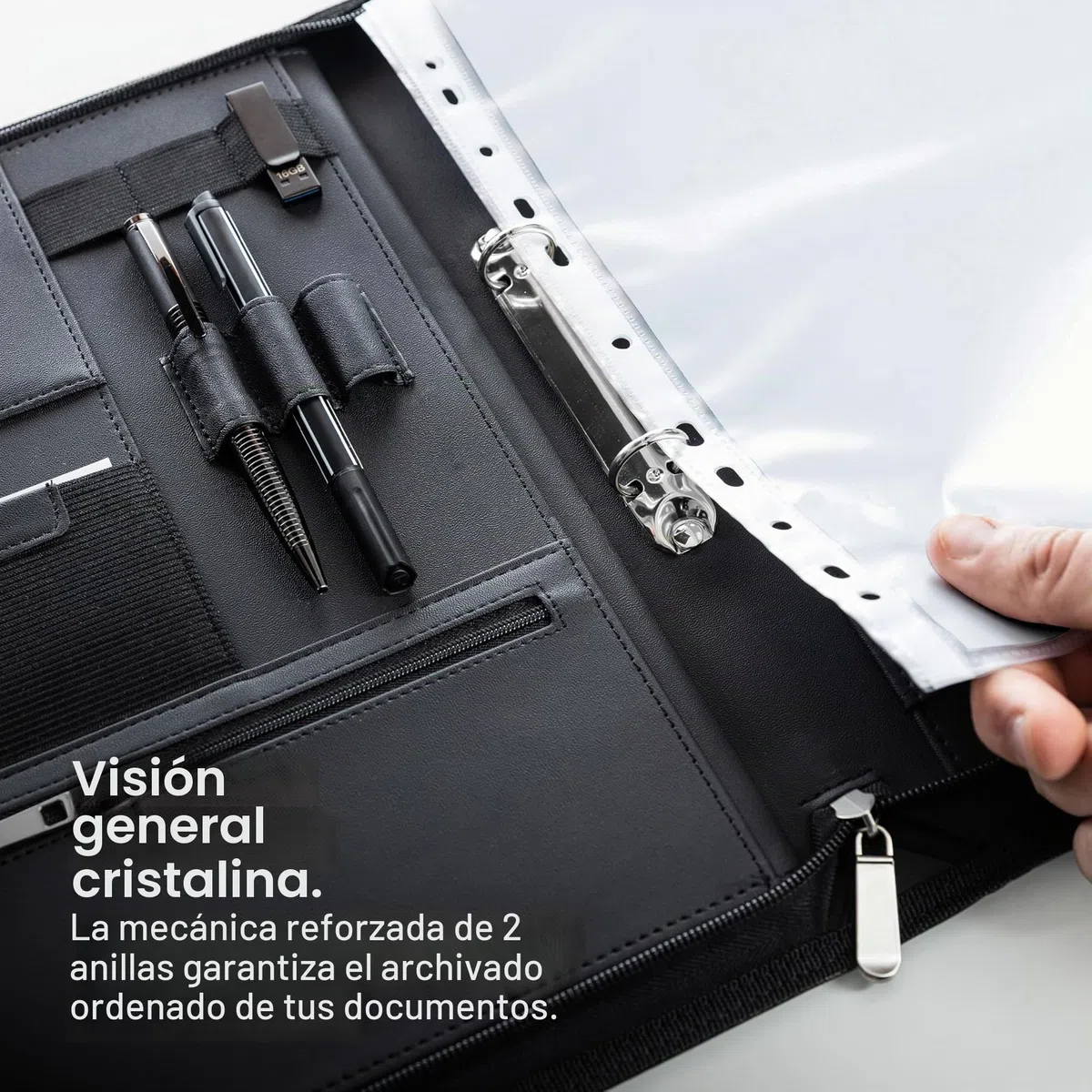 Vebon® Carpeta de anillas A4 "París", cremallera + portapapeles I Carpeta para documentos + bolsa para ordenador portátil I espacio extra I piel sintética, Azul caribe.