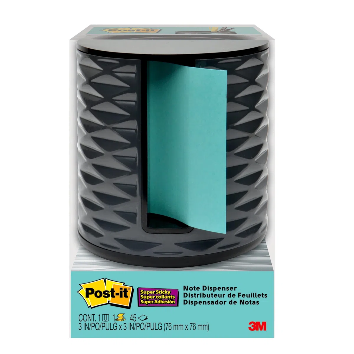 Post-it Dispensador de notas, diseño vertical, notas emergentes, negro con patrón geométrico gris, 1 bloc de notas súper adhesivo de 3 x 3 pulgadas Aqua Splash