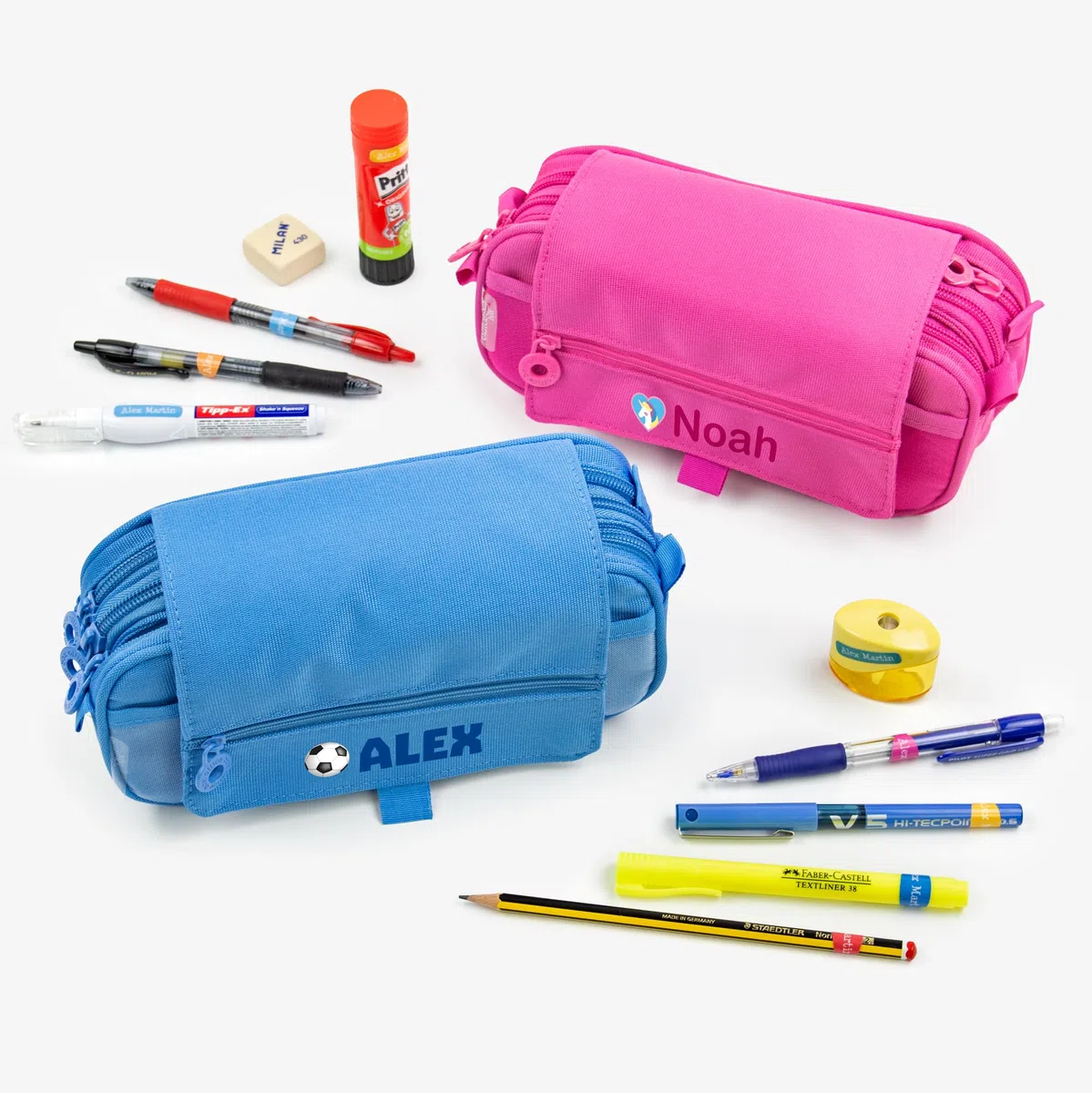 Stikets Estuche Triple Personalizado con Nombre y 3 Compartimentos. Ideal para el Colegio (Azul Celeste)