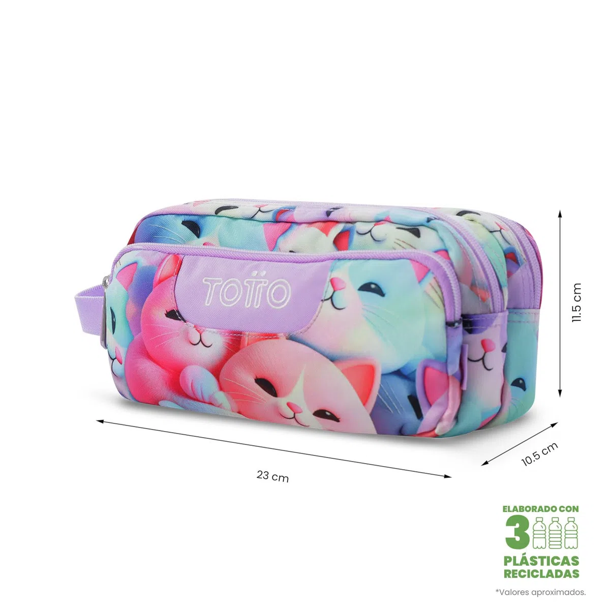 TOTTO - Estuche Escolar 3 Compartimentos, Modelo Agapec, Estuche Grande, Dimensiones 23 x 11.5 x 10.5 cm, Asa Lateral, Tiradores Ergonómicos con PVC, Tejido Resistente, Estampado Mewsy 3D