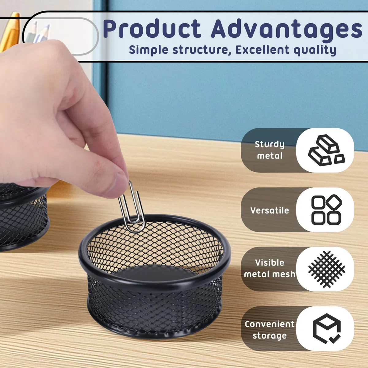 4 Piezas Porta Clips Malla Negra para Almacenamiento de Escritorio, Organizador de Clips Metálicos Apilable Redondo, Soporte de Clip de Malla de Alambre para Oficinas y Hogar