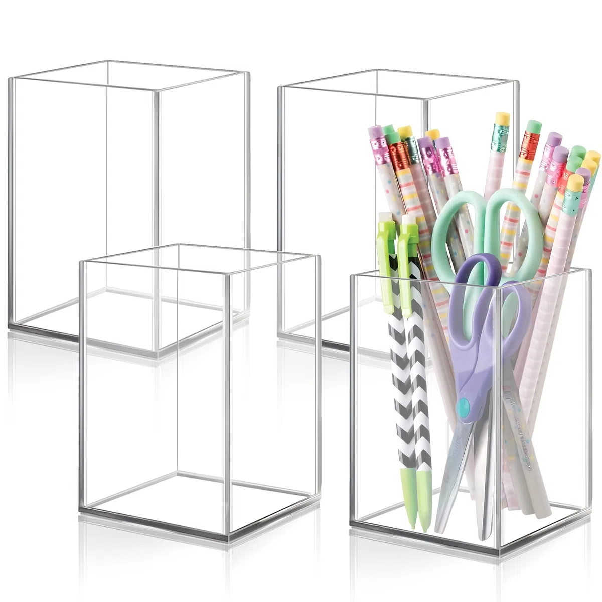 DARUITE Pack de 4 Portalapices Escritorio, Portalápices de Acrílico Transparente, Organizador Maquillaje Adecuado para Oficina, Hogar, Escuela, Cocina