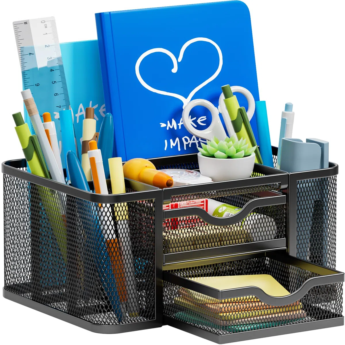 Marbrasse Organizador Escritorio Malla,Organizador Rotuladores con 2 Cajones,Accesorios Escritorio con 5 Compartimentos Cajón,para Material de Oficina Casa(Negro)