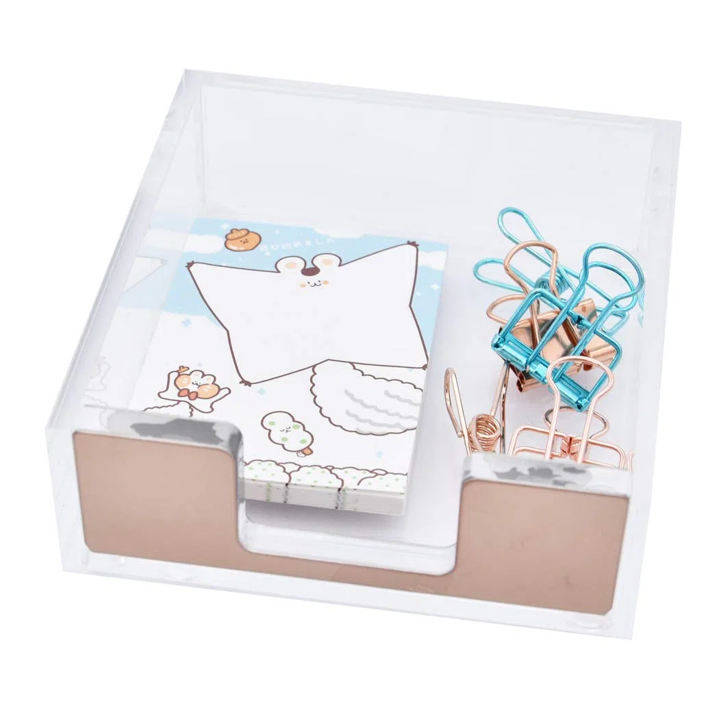 Soporte de notas adhesivas de acrílico transparente, dispensador de notas adhesivas, caja de soporte para bloc de notas, dispensador de tarjetas de visita, papelería para oficina, dorado