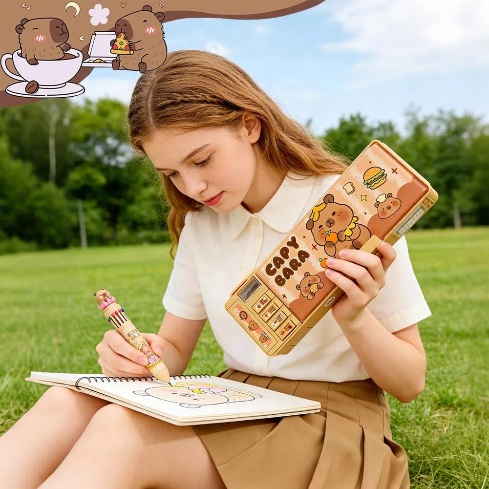 Pop Up Estuche Capybara Multifuncional con Pen Multicolor, Estuche para lápices con Cerradura de combinación, capibara Caja de papelería Organizador de Artículos de Papelería para Niñas y Niños