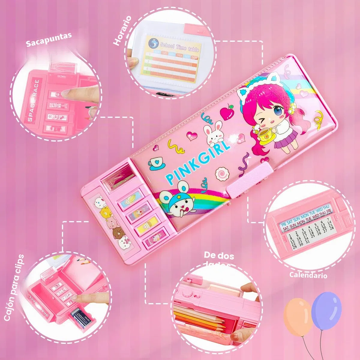 Estuche multifunción desplegable para niñas y niños, bonito organizador de dibujos animados con cerradura, sacapuntas, horario, pizarra blanca, suministros escolares, el mejor regalo para niños y
