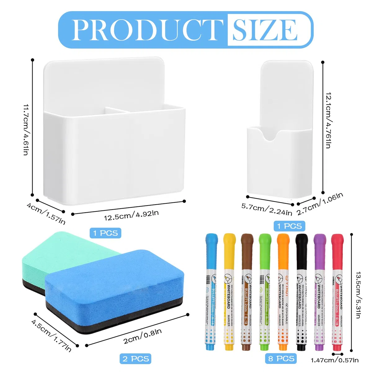 Shinybox 12 Accesorios para Pizarra blanco, 2 Piezas Soporte Magnético para Bolígrafos con Esponja, 8 Rotuladores de Pizarra blanco, Portalápices Magnético para Escuela, Oficina