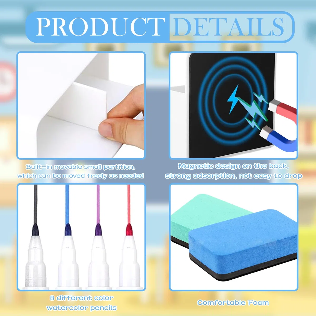 Shinybox 12 Accesorios para Pizarra blanco, 2 Piezas Soporte Magnético para Bolígrafos con Esponja, 8 Rotuladores de Pizarra blanco, Portalápices Magnético para Escuela, Oficina